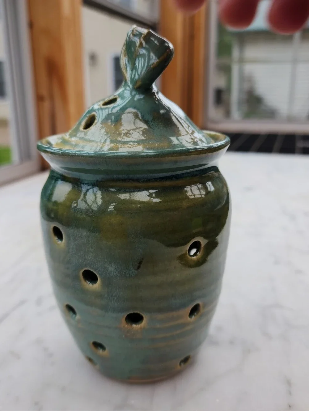 Holman Pottery Garlic Keeper Jar in Sea Pearl Green Ventilation Holes 6